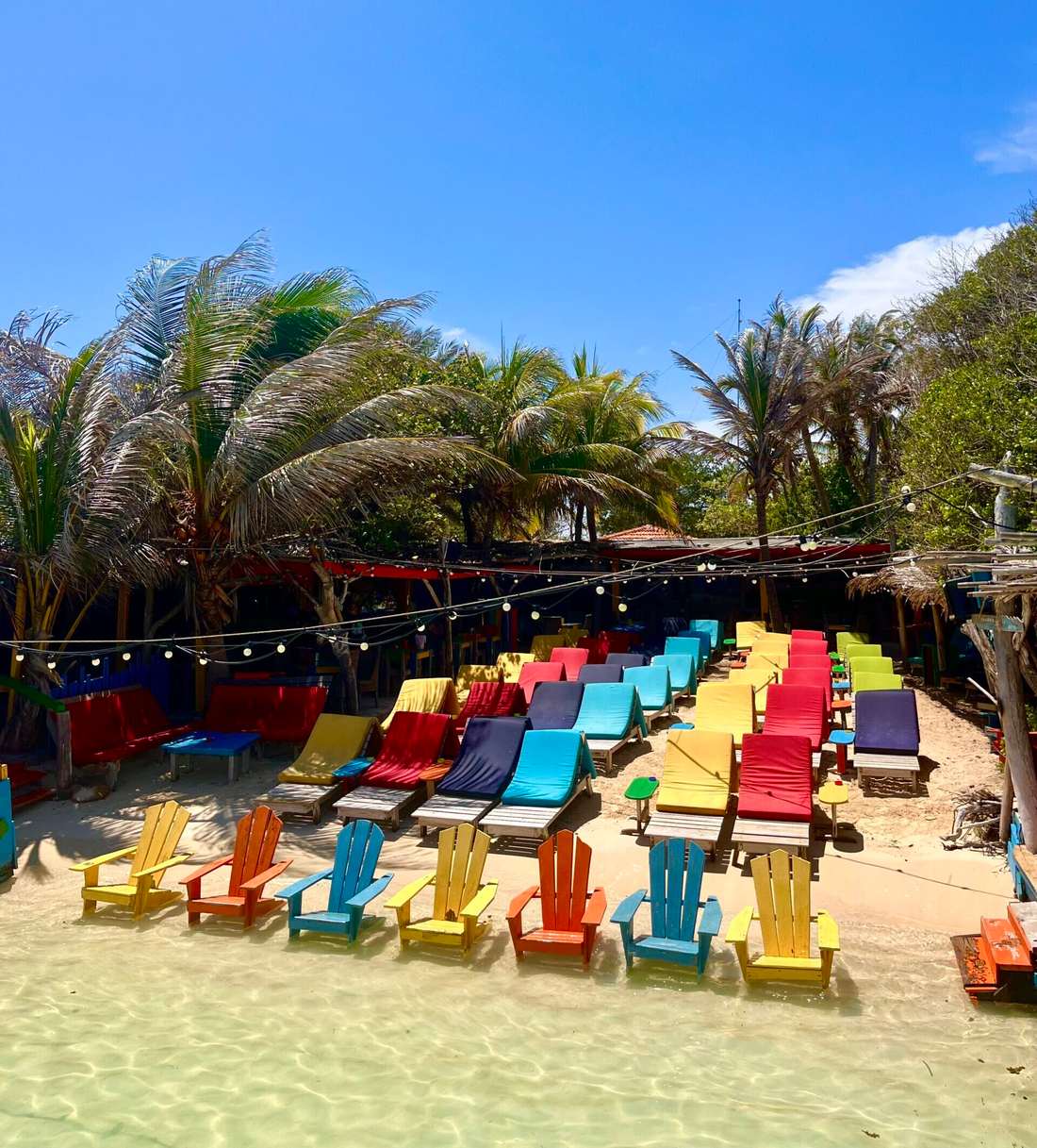 Colorful beach chairs and palm trees at Hang Out Beachbar